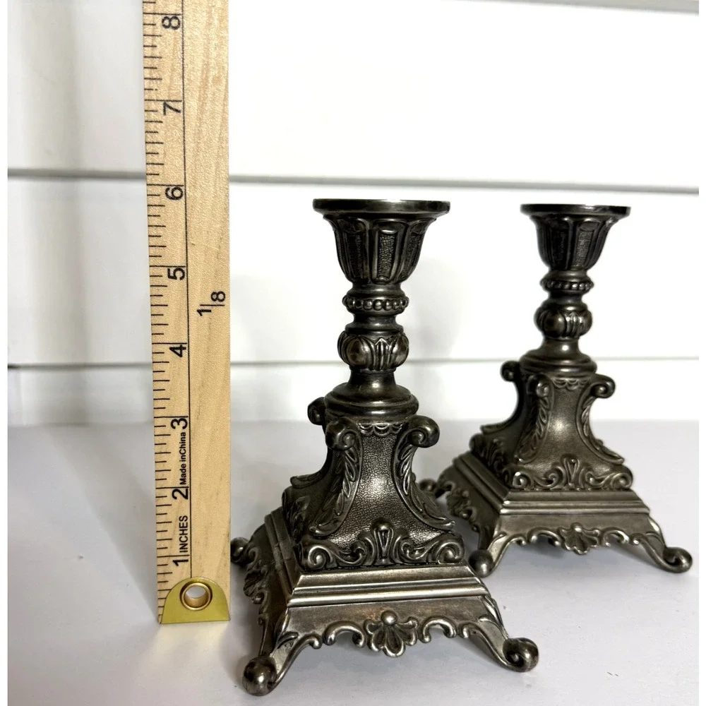 Pair of Antique Baroque Pewter Italian Rococo Italian Altar Candle Stick Holders